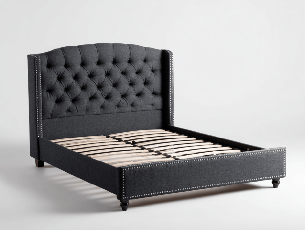 Lit double en tissu 160×200 cm – gris foncé – tête de lit capitonnée avec bords et clous décoratifs-Nicheena