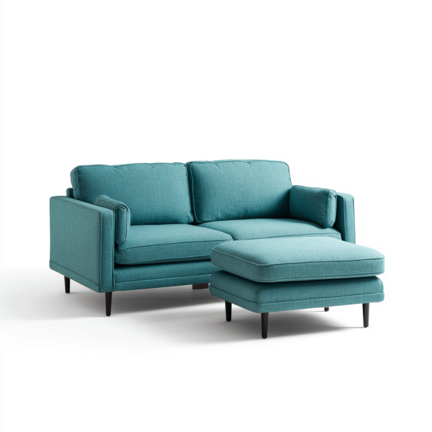 Canapé 2 places avec repose-pieds – tissu bleu – style moderne – avec coussins assortis-Nicheena