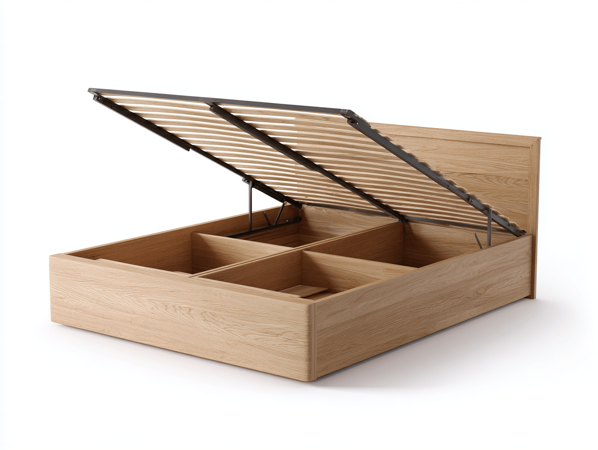 lit coffre double – bois chêne clair 160×200 cm – sommier relevable avec grand espace de rangement – style moderne minimaliste-Nicheena