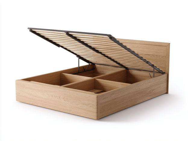 lit coffre double – bois chêne clair 160×200 cm – sommier relevable avec grand espace de rangement – style moderne minimaliste-Nicheena