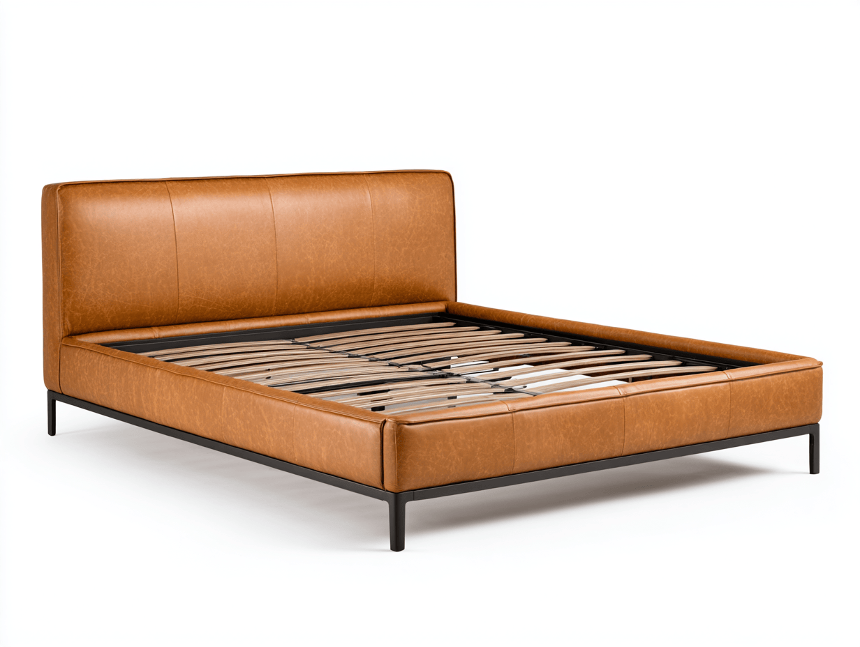 Lit double – cuir synthétique 160×200 cm – marron – style moderne minimaliste-Nicheena