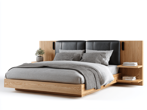 Lit double en bois de chêne avec tête de lit en cuir noir et étagères flottantes – 160×200 cm – design contemporain – avec parure de lit complète-Nicheena