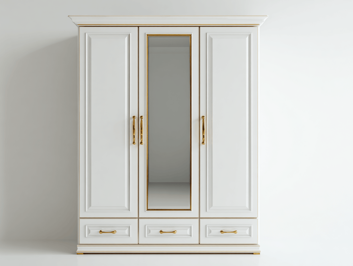 Armoire en bois 195×120×58 cm – blanc avec poignées dorées – design classique trois portes avec miroir et tiroirs-Nicheena