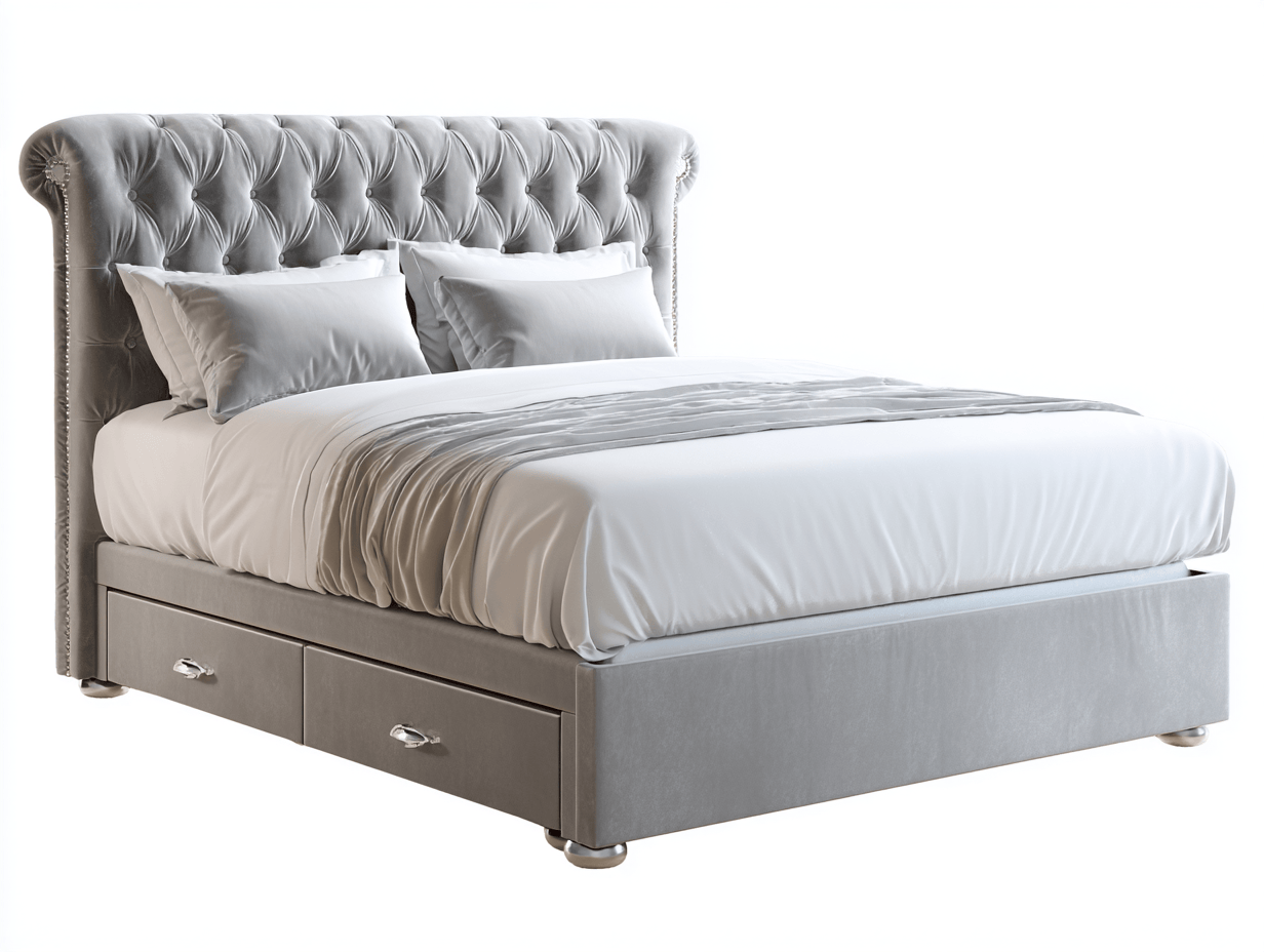 Lit double capitonné en tissu 160×200 cm – gris – avec tiroirs latéraux et matelas inclus-Nicheena