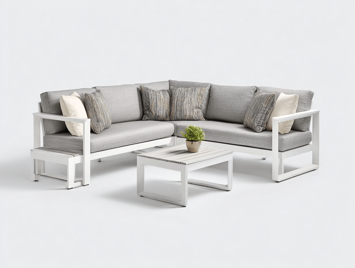 Salon de jardin d’angle – aluminium blanc – coussins gris – table basse assortie – design contemporain-Nicheena