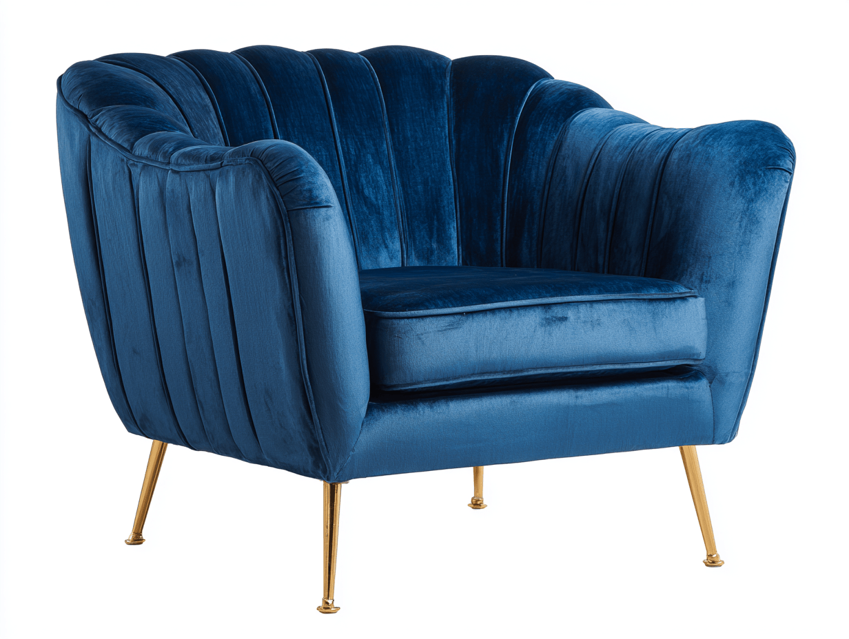Fauteuil en velours – bleu – design contemporain à dossier cannelé avec pieds dorés-Nicheena