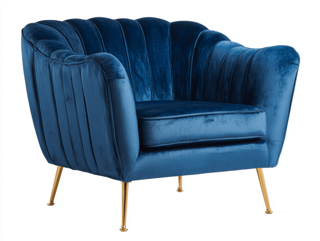 Fauteuil en velours – bleu – design contemporain à dossier cannelé avec pieds dorés-Nicheena