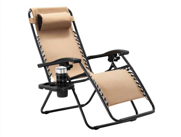 Chaise longue de jardin pliable – structure métal noir et toile beige – avec appuie-tête et porte-gobelet-Nicheena