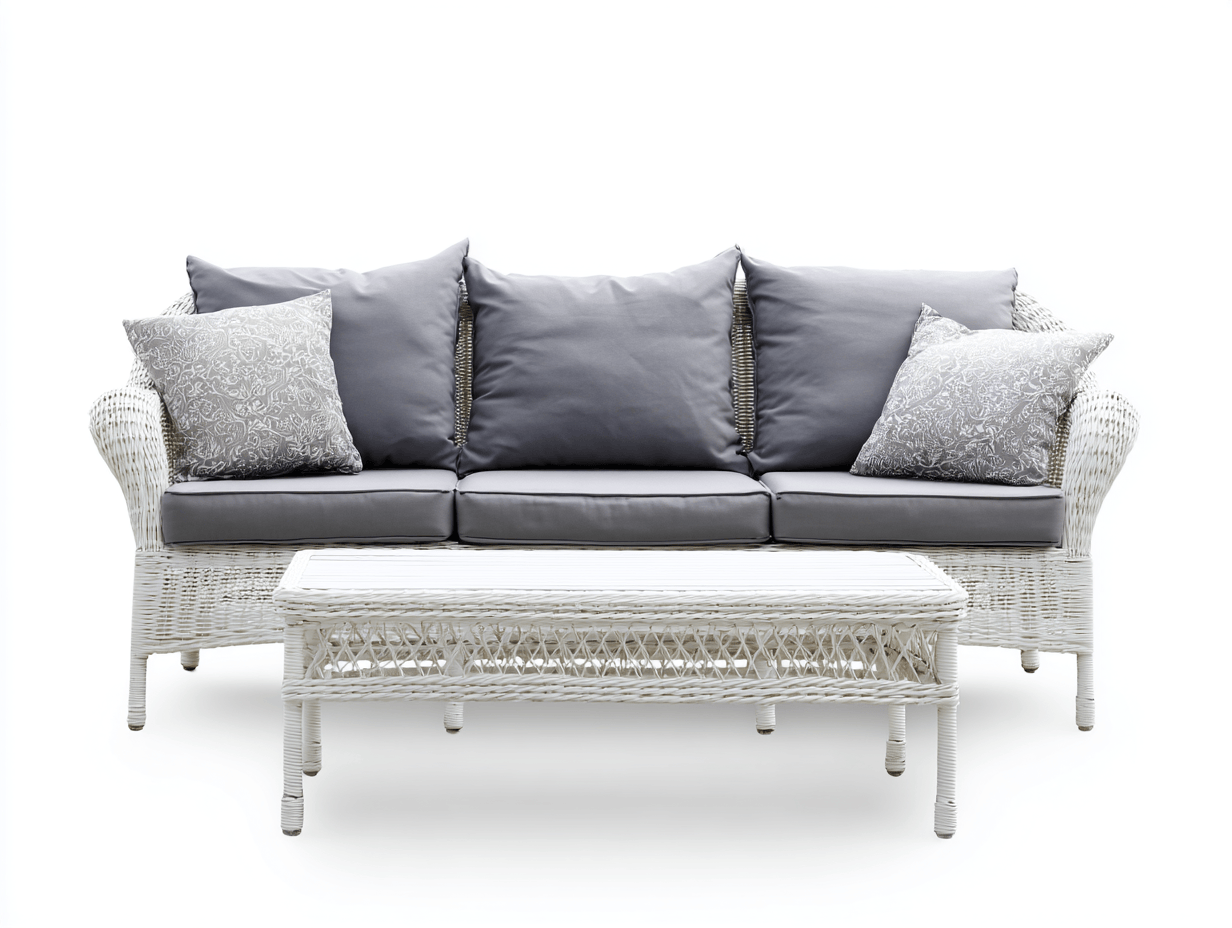 Canapé de jardin en rotin blanc – 3 places – coussins gris – table basse rectangulaire – style classique-Nicheena