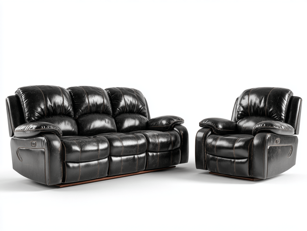 Canapé 3 places et fauteuil – cuir synthétique noir vieilli – style vintage – avec fonction relax-Nicheena