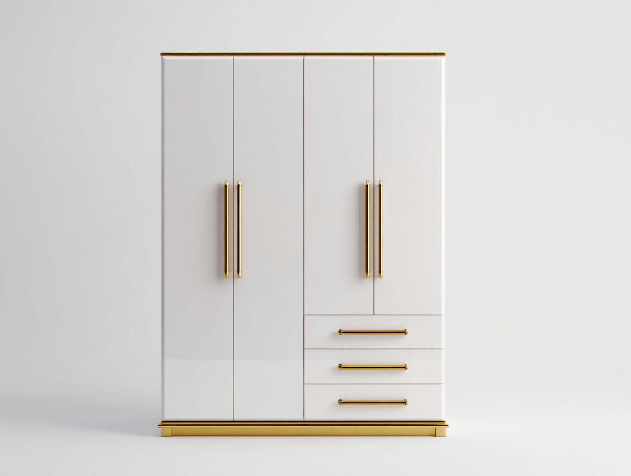 Armoire en bois 186×112×57 cm – blanc avec poignées dorées – design moderne avec quatre portes et trois tiroirs-Nicheena