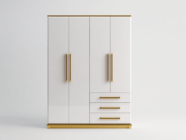 Armoire en bois 186×112×57 cm – blanc avec poignées dorées – design moderne avec quatre portes et trois tiroirs-Nicheena
