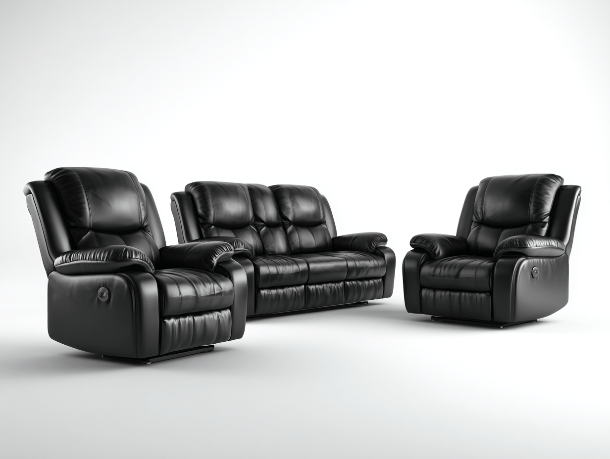 Canapé 3 places et 2 fauteuils – cuir synthétique noir – style moderne – avec fonction relax-Nicheena