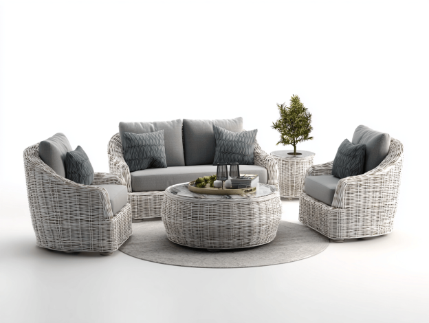Salon de jardin en rotin blanc – canapé et fauteuils – coussins gris – table basse ronde assortie – style contemporain-Nicheena