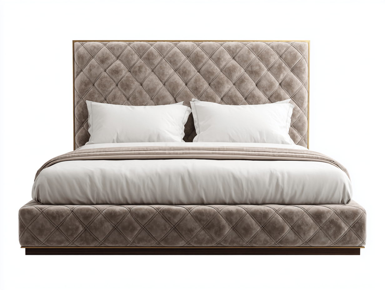 Lit double en velours 160×200 cm – marron – tête de lit et cadre capitonnés en losange – avec parure de lit-Nicheena