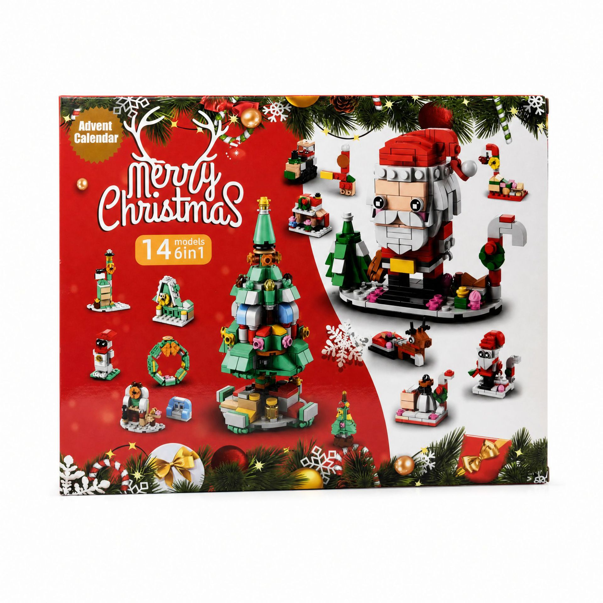 Christmas Building Block Blind Box, 14 Mini Builds & 6-in-1 Holiday Display Set