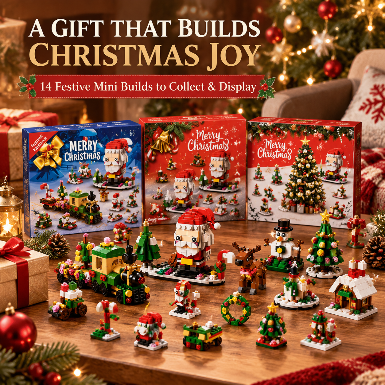 Christmas Building Block Blind Box, 14 Mini Builds & 6-in-1 Holiday Display Set