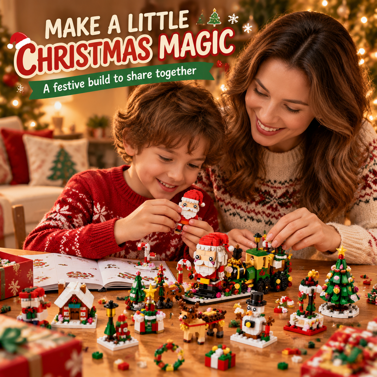 Christmas Building Block Blind Box, 14 Mini Builds & 6-in-1 Holiday Display Set