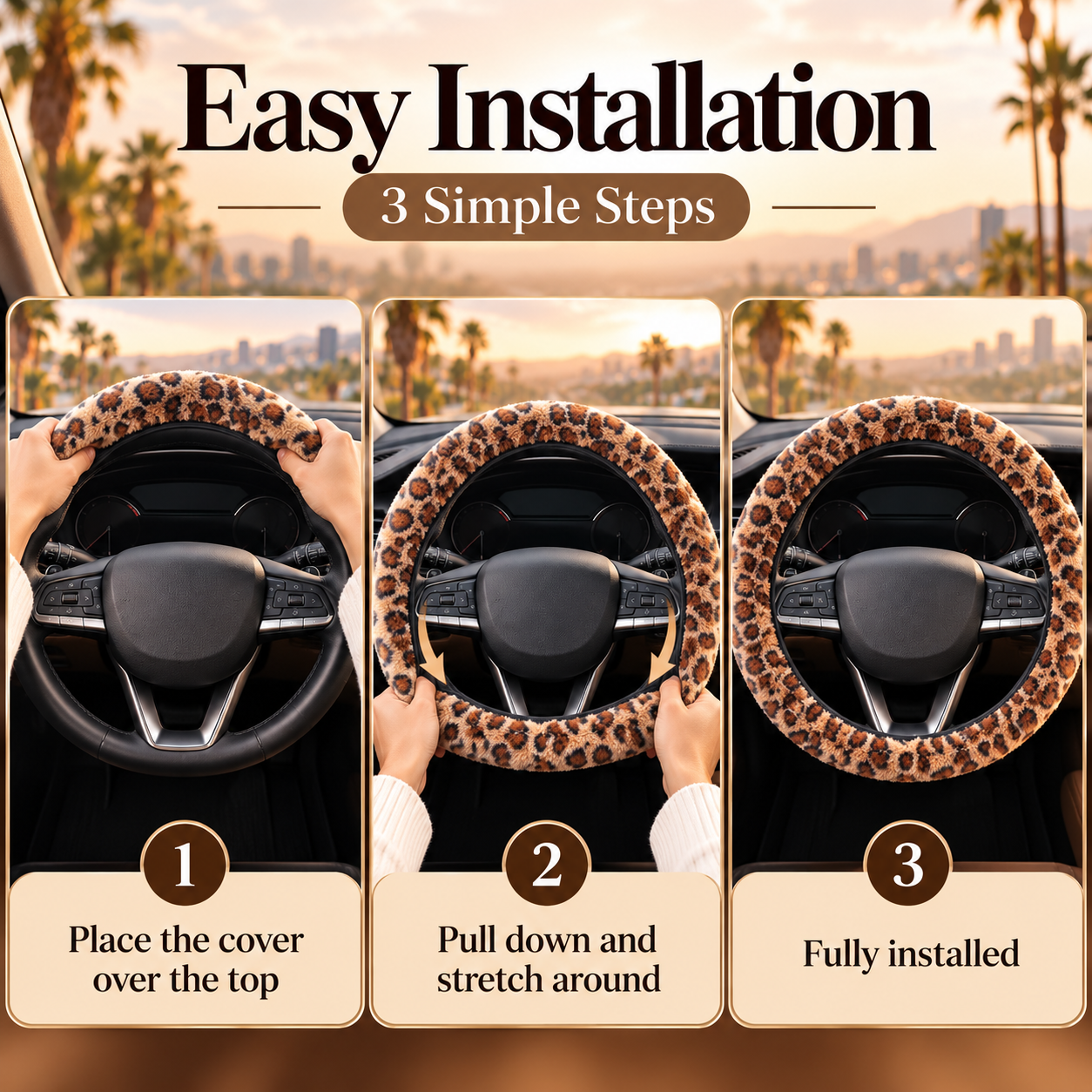 Leopard Print Plush Steering Wheel Cover, Soft Fluffy Faux Fur Fuzzy Car Steering Wheel Cover, Warm Cozy Winter Car Interior Accessories for Women, Ivory & Brown Leopard