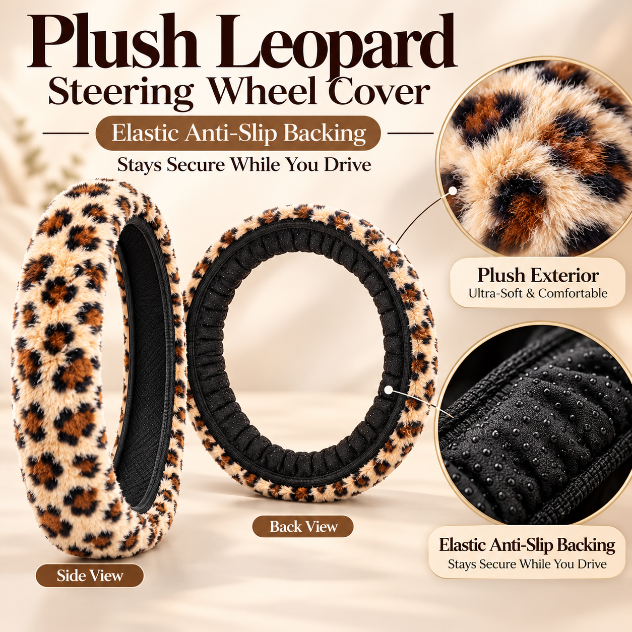 Leopard Print Plush Steering Wheel Cover, Soft Fluffy Faux Fur Fuzzy Car Steering Wheel Cover, Warm Cozy Winter Car Interior Accessories for Women, Ivory & Brown Leopard