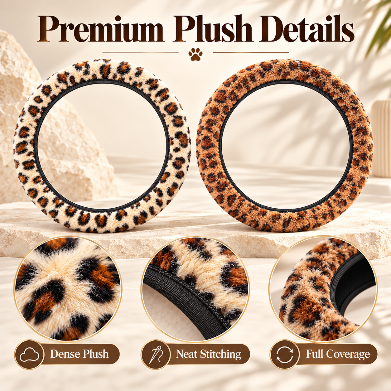 Leopard Print Plush Steering Wheel Cover, Soft Fluffy Faux Fur Fuzzy Car Steering Wheel Cover, Warm Cozy Winter Car Interior Accessories for Women, Ivory & Brown Leopard