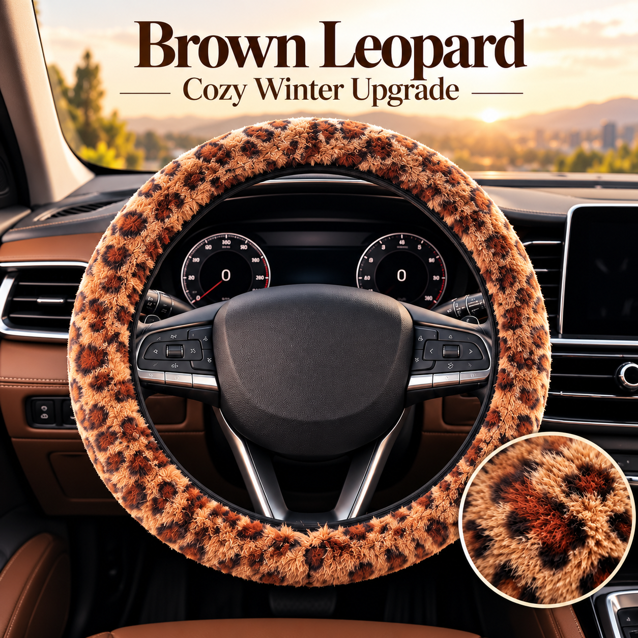 Leopard Print Plush Steering Wheel Cover, Soft Fluffy Faux Fur Fuzzy Car Steering Wheel Cover, Warm Cozy Winter Car Interior Accessories for Women, Ivory & Brown Leopard
