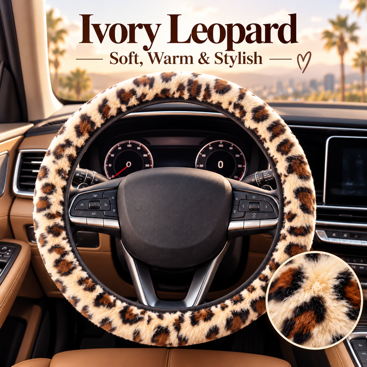 Leopard Print Plush Steering Wheel Cover, Soft Fluffy Faux Fur Fuzzy Car Steering Wheel Cover, Warm Cozy Winter Car Interior Accessories for Women, Ivory & Brown Leopard