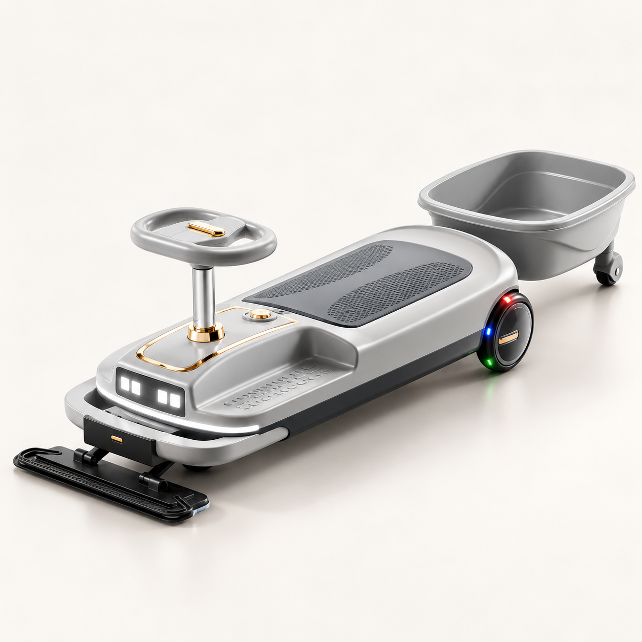 Gray 3-in-1 electric ride-on with front mop attachment and matching trailer