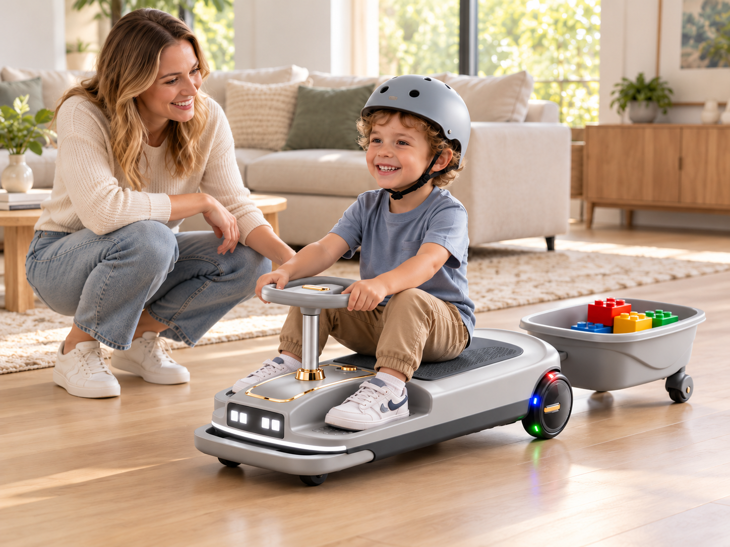 Child riding beside a parent with a gray ride-on and toy trailer