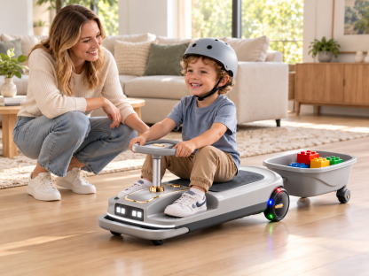 Illustrative supervised single-child riding scene with a gray ride-on and toy trailer