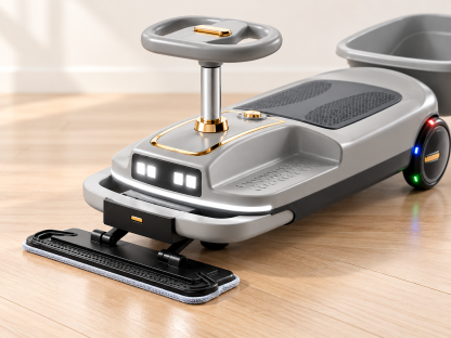 Gray ride-on front with removable flat mop attachment and cloth