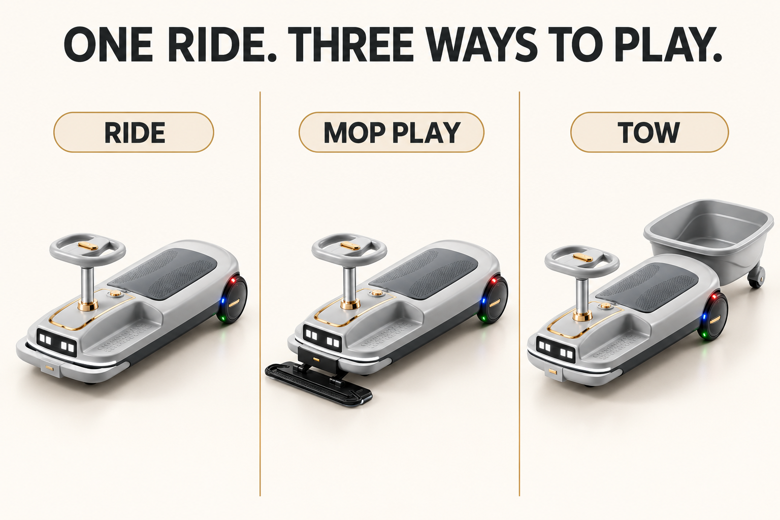 Three gray ride-on configurations: ride, mop play and tow