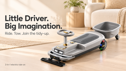 Little Driver Big Imagination product banner with gray ride-on