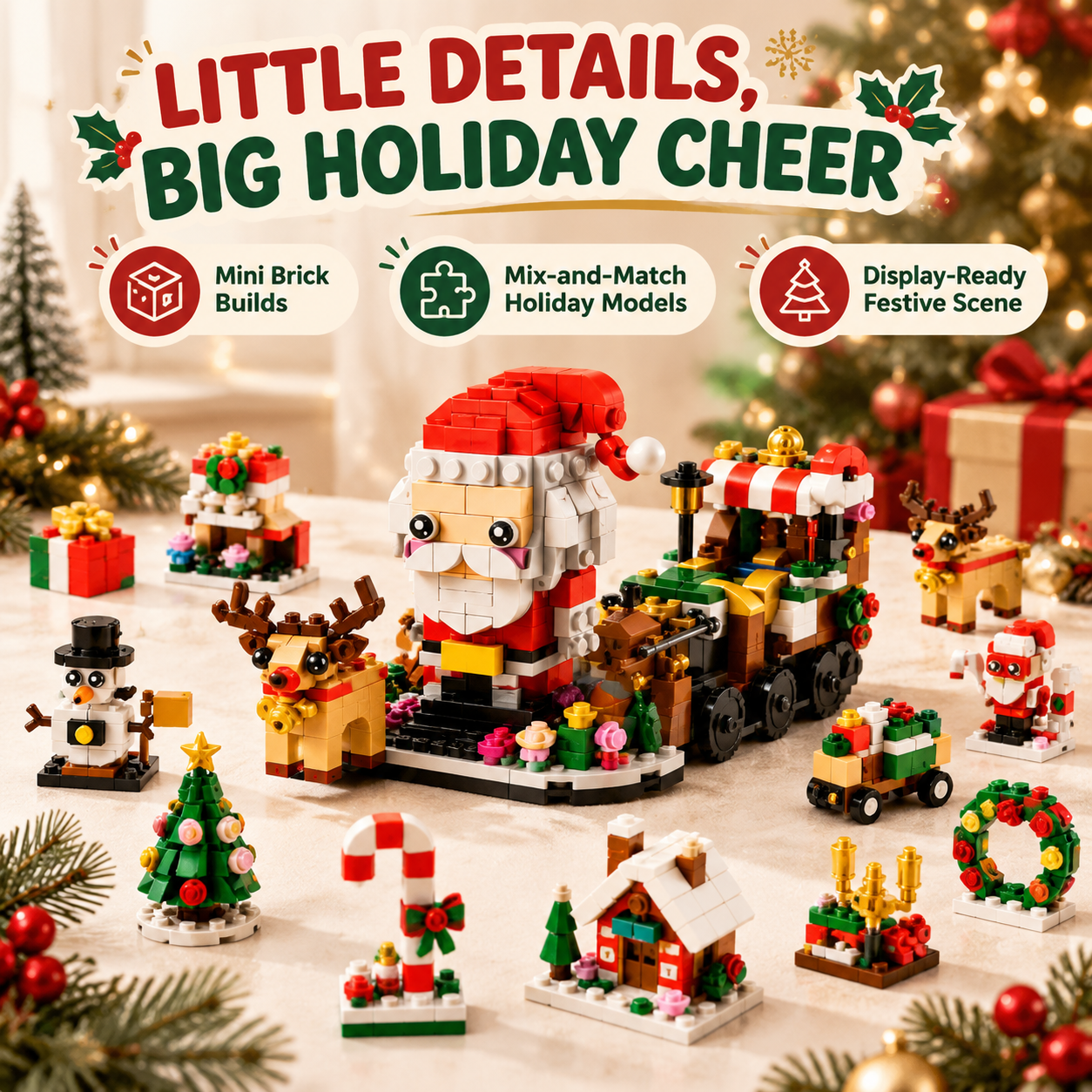 Christmas Building Block Blind Box, 14 Mini Builds & 6-in-1 Holiday Display Set