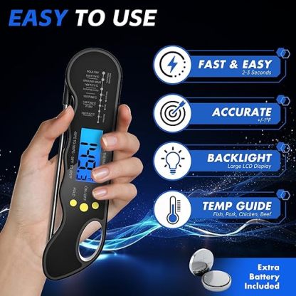 Instant Read Meat Thermometer, Fast and Accurate Digital Food Thermometer with Backlight, Waterproof Magnet, Suitable for Grilling, Cooking, BBQ, Smoker, Baking and Candy Making Black