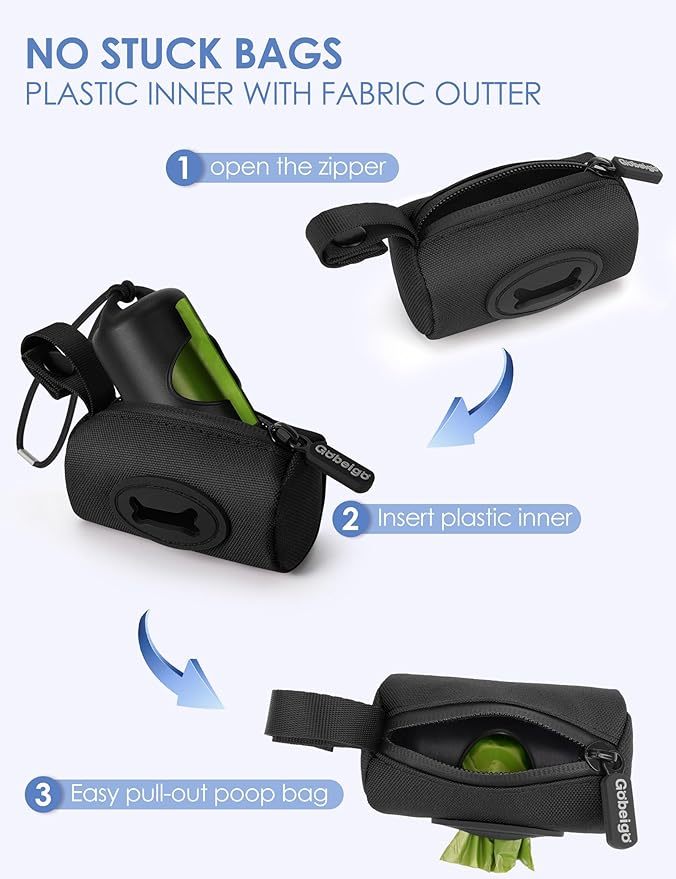 2-in-1 Dog Poop Bag Holder - Hard Plastic Insert and Fabric Outer Bag | One-Pull Smooth Dispensing (No More Stuck Bags) | Snap-On Strap Fits Retractable/Standard Leashes