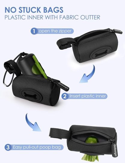 2-in-1 Dog Poop Bag Holder - Hard Plastic Insert and Fabric Outer Bag | One-Pull Smooth Dispensing (No More Stuck Bags) | Snap-On Strap Fits Retractable/Standard Leashes