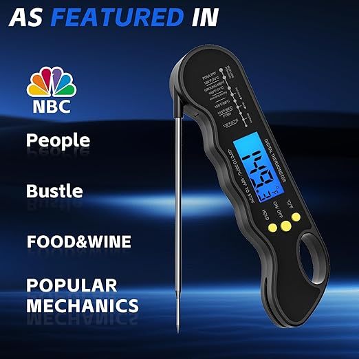 Instant Read Meat Thermometer, Fast and Accurate Digital Food Thermometer with Backlight, Waterproof Magnet, Suitable for Grilling, Cooking, BBQ, Smoker, Baking and Candy Making Black