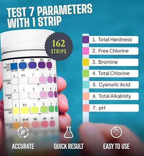 7-in-1 Pool Spa Test Strips - 162 Accurate Pool Water Test Kit for Bromine, Total Alkalinity, pH, Free Chlorine, Total Hardness, Cyanate, and Total Chlorine