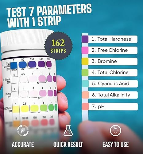 7-in-1 Pool Spa Test Strips - 162 Accurate Pool Water Test Kit for Bromine, Total Alkalinity, pH, Free Chlorine, Total Hardness, Cyanate, and Total Chlorine