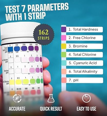 7-in-1 Pool Spa Test Strips - 162 Accurate Pool Water Test Kit for Bromine, Total Alkalinity, pH, Free Chlorine, Total Hardness, Cyanate, and Total Chlorine