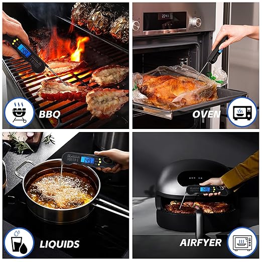 Instant Read Meat Thermometer, Fast and Accurate Digital Food Thermometer with Backlight, Waterproof Magnet, Suitable for Grilling, Cooking, BBQ, Smoker, Baking and Candy Making Black