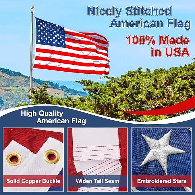 Sturdy American Flag 4x6 ft Outdoor Heavy Duty, 100% Made in the USA American Flag, Colorfast American Flag for Exterior 4x6, Embroidered American Flag, 4 x 6 American Flag, Best High Wind All Weather USA Flag, Indestructible Flag, Destructible American F
