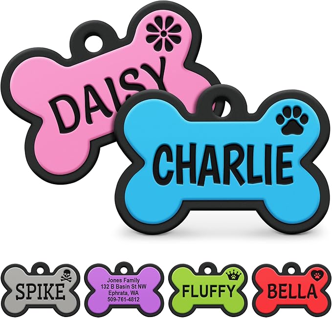 Silent Silicone Dog Tags, Personalized Silent Pet Tags Engraved with Unique Custom Designs, Suitable for Dogs and Cats, Small, Medium, Large, 6 Bright Colors (Bone)