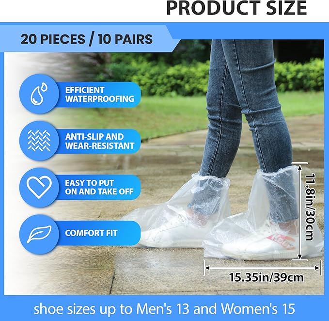 10 Pairs of Rainproof Waterproof Shoe Covers - Disposable Plastic Rain Shoe Covers - Non-Slip Indoor Outdoor Rain Covers for Men and Women - Waterproof Boot Protectors - Clear
