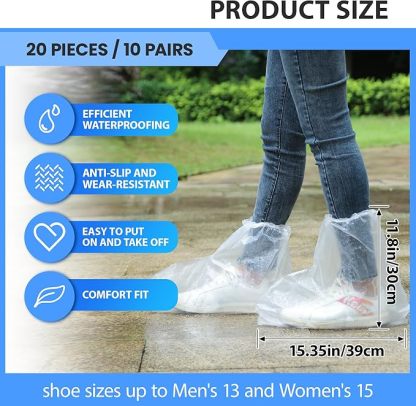 10 Pairs of Rainproof Waterproof Shoe Covers - Disposable Plastic Rain Shoe Covers - Non-Slip Indoor Outdoor Rain Covers for Men and Women - Waterproof Boot Protectors - Clear