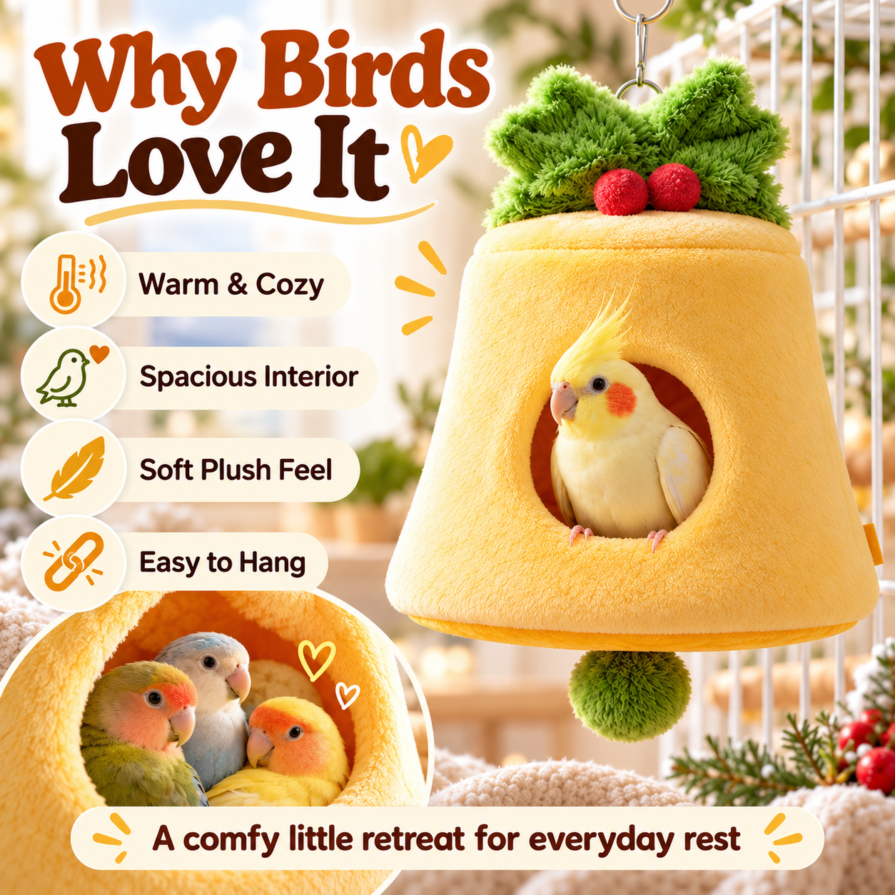 Cozy Hanging Plush Bird Hideaway for Small Birds
