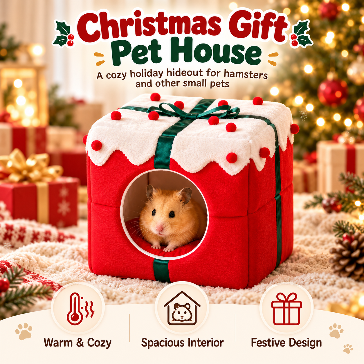 Christmas Gift Box Hamster Hideout, Cozy Plush Small Pet House for Resting and Hiding
