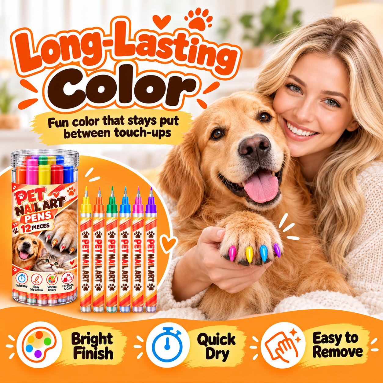 Pet Nail Art Pens for Dogs & Cats, 12-Color Quick-Dry Paw Nail Polish Set