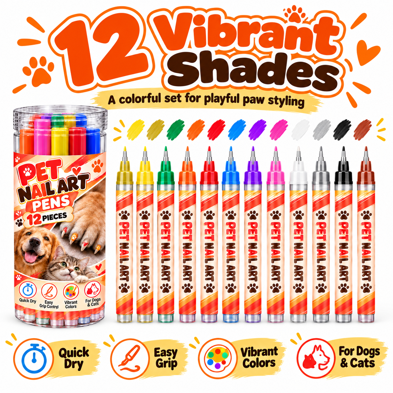 Pet Nail Art Pens for Dogs & Cats, 12-Color Quick-Dry Paw Nail Polish Set